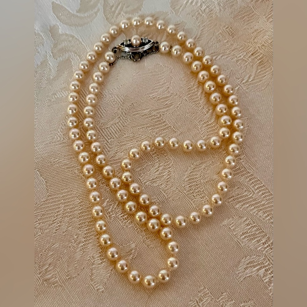 Vintage 925 Silver 22” Knotted Opalescent Faux Pearl Matinee Necklace Bridal MCM